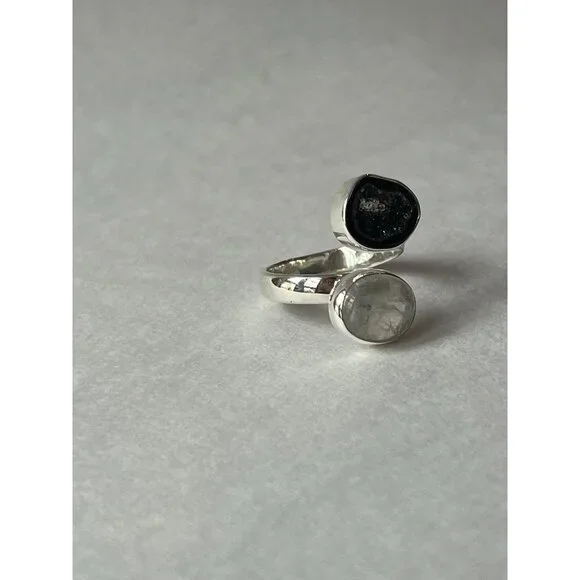 Geode & Clear Quartz Ring 925 Sterling Silver, Size 7 Adjustable - Picture 5 of 15